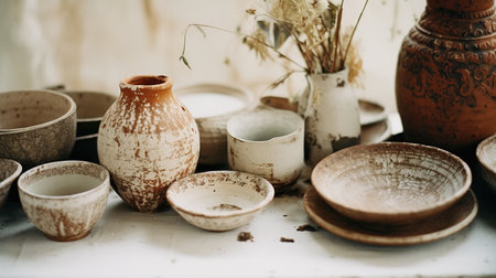 Generative AI, crafted pottery, still life of hand made pottery and ceramic bowls, hobby and leisure conceptの素材