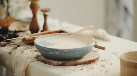 Generative AI, crafted pottery, still life of hand made pottery and ceramic bowls, hobby and leisure conceptの素材