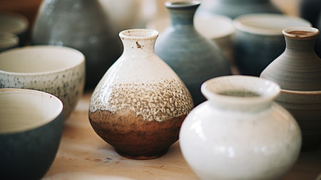 Generative AI, crafted pottery, still life of hand made pottery and ceramic bowls, hobby and leisure conceptの素材