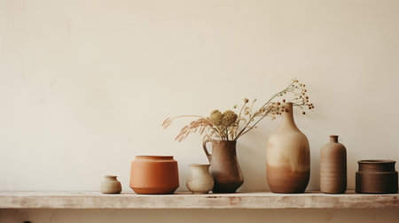 Generative AI, crafted pottery, still life of hand made pottery and ceramic bowls, hobby and leisure conceptの素材