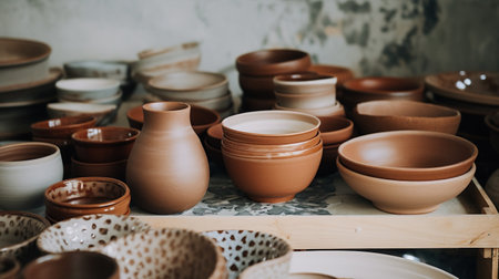 Generative AI, crafted pottery, still life of hand made pottery and ceramic bowls, hobby and leisure conceptの素材