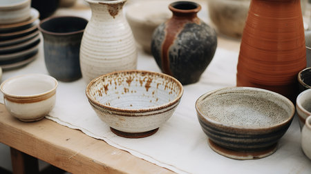 Generative AI, crafted pottery, still life of hand made pottery and ceramic bowls, hobby and leisure conceptの素材