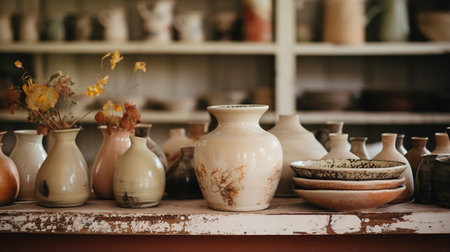 Generative AI, crafted pottery, still life of hand made pottery and ceramic bowls, hobby and leisure conceptの素材