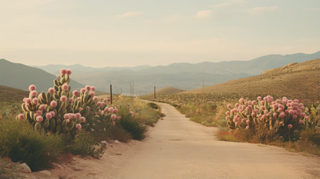 Generative AI, lonely road in the desert, aesthetic, muted neutral colors, cacti plantsの素材