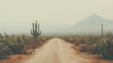 Generative AI, lonely road in the desert, aesthetic, muted neutral colors, cacti plantsの素材
