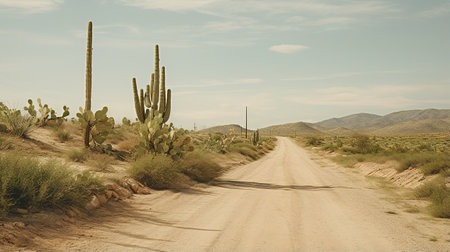 Generative AI, lonely road in the desert, aesthetic, muted neutral colors, cacti plantsの素材