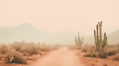 Generative AI, lonely road in the desert, aesthetic, muted neutral colors, cacti plantsの素材