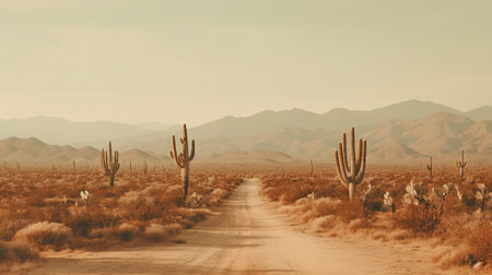 Generative AI, lonely road in the desert, aesthetic, muted neutral colors, cacti plantsの素材