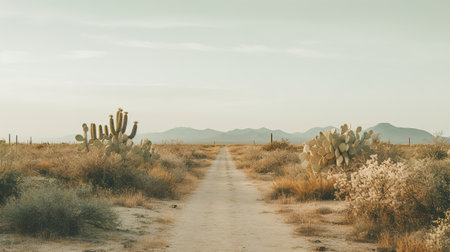 Generative AI, lonely road in the desert, aesthetic, muted neutral colors, cacti plantsの素材