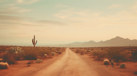 Generative AI, lonely road in the desert, aesthetic, muted neutral colors, cacti plantsの素材