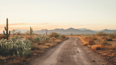 Generative AI, lonely road in the desert, aesthetic, muted neutral colors, cacti plantsの素材