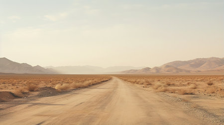 Generative AI, lonely road in the desert, aesthetic, muted neutral colors, cacti plantsの素材