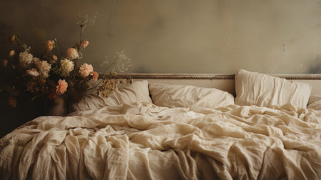 Generative AI, Relaxing bedroom detail of bed with natural linen textured bedding, muted neutral aesthetic colorsの素材