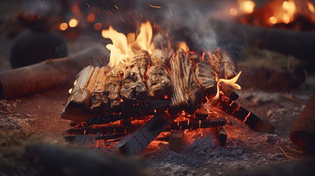 Generative AI, Burning bonfire in the evening, camping outdoor concept in neutral muted colors, tourist campの素材