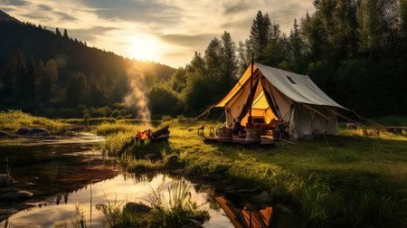 Generative AI, Camping outdoor concept near the lake or river, tourist camp on the beautiful green landscape with mountainsの素材