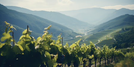 Generative AI, beautiful Italian vineyard, green landscape. Rows of vines at sunsetの素材