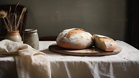 Generative AI, freshly baked bread or bakery at the home kitchen, ecologically natural pastries, linen table wear and wheatの素材