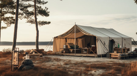 Generative AI, Camping outdoor concept in neutral muted colors, tourist campの素材