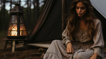 Generative AI, Camping outdoor concept in neutral muted colors, tourist campの素材