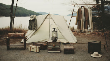 Generative AI, Camping outdoor concept in neutral muted colors, tourist campの素材