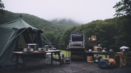 Generative AI, Camping outdoor concept in neutral muted colors, tourist campの素材