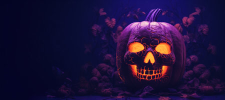 Generative AI, Halloween duotone background with flowers and pumpkinの素材