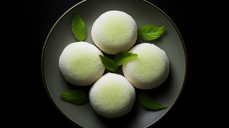 Generative AI, mochi on the dark table background, Traditional Japanese dessert, top view, flat layの素材