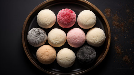 Generative AI, mochi on the dark table background, Traditional Japanese dessert, top view, flat layの素材