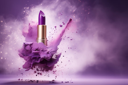 Generative AI, Purple lipstick, powder splashes and smoke on purple background.の素材