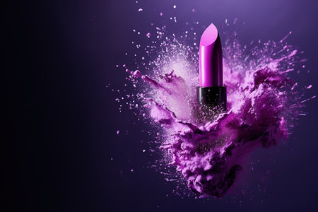 Generative AI, Purple lipstick, powder splashes and smoke on purple background.の素材
