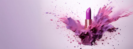 Generative AI, Purple lipstick, powder splashes and smoke on purple background.の素材