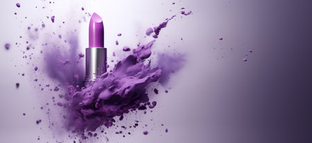 Generative AI, Purple lipstick, powder splashes and smoke on purple background.の素材