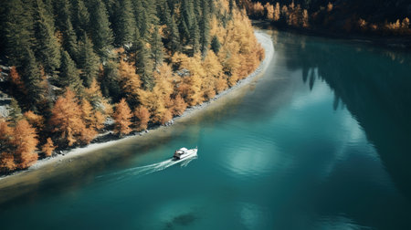 Generative AI, boat at the calm lake in autumn with serene water around, fall landscapeの素材