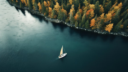 Generative AI, boat at the calm lake in autumn with serene water around, fall landscapeの素材