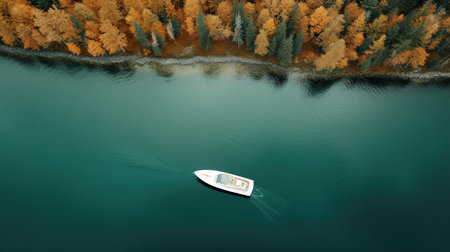 Generative AI, boat at the calm lake in autumn with serene water around, fall landscapeの素材