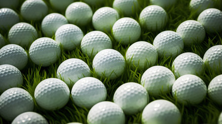 Generative AI, Close up golf balls on green grass, golf course backgroundの素材