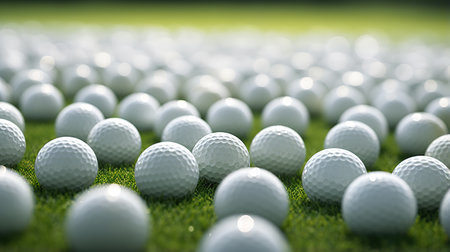 Generative AI, Close up golf balls on green grass, golf course backgroundの素材