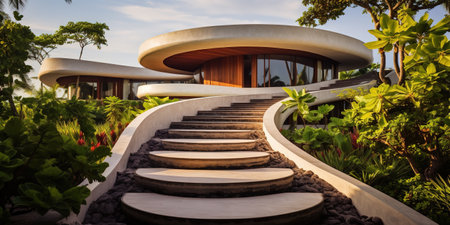 Generative AI, modern luxury house with lush tropical garden. Villa, hotel resort, architectural photography in the style of futuristic curvesの素材