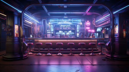 Generative AI, Cyberpunk style bar or cafe. Night scene of big city, futuristic nostalgic 80s, 90s. Neon lights vibrant colors, photorealistic horizontal illustration.の素材