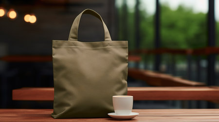Generative AI, Realistic khaki tote canvas fabric bag set-up in at cafe interior, shopper mock up blank.の素材