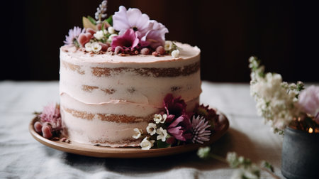 Generative AI, Birthday beautiful cake with flowers and candles, aesthetic muted colorsの素材