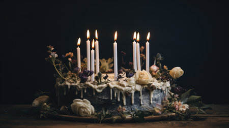 Generative AI, Birthday beautiful cake with flowers and candles, aesthetic muted colorsの素材