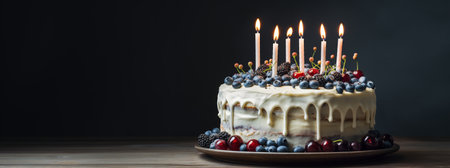 Generative AI, Birthday beautiful cake with flowers and candles, aesthetic muted colorsの素材