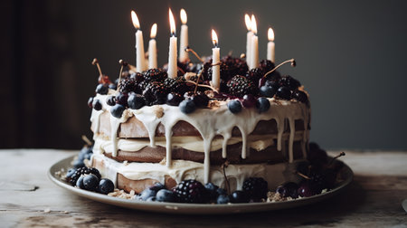 Generative AI, Birthday beautiful cake with flowers and candles, aesthetic muted colorsの素材