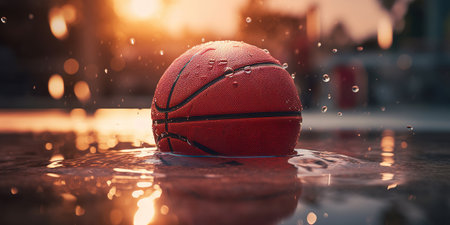 Generative AI, Basketball ball on the court with water splash and sunlight, closeup photoの素材