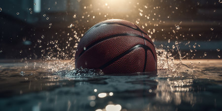 Generative AI, Basketball ball on the court with water splash and sunlight, closeup photoの素材
