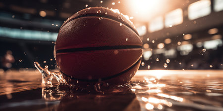 Generative AI, Basketball ball on the court with water splash and sunlight, closeup photoの素材