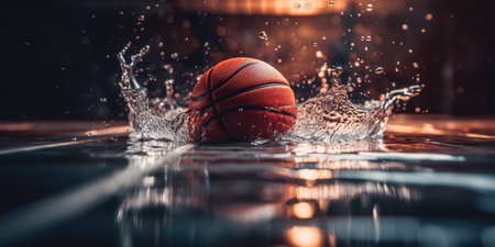 Generative AI, Basketball ball on the court with water splash and sunlight, closeup photoの素材