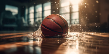 Generative AI, Basketball ball on the court with water splash and sunlight, closeup photoの素材