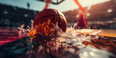 Generative AI, Basketball ball on the court with water splash and sunlight, closeup photoの素材